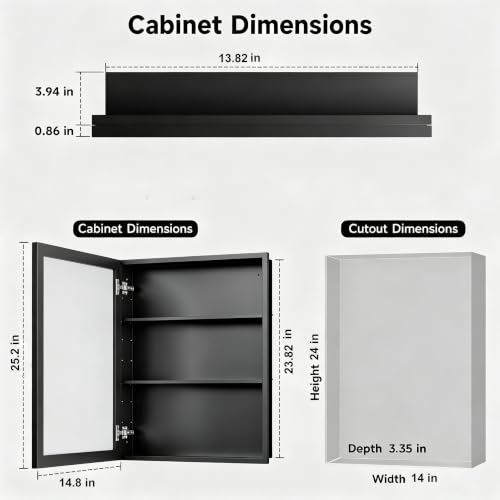 Recessed & Surface Mount Mirror Medicine Cabinet - Moistureproof Black Iron Bathroom Storage, 14x24 Inches