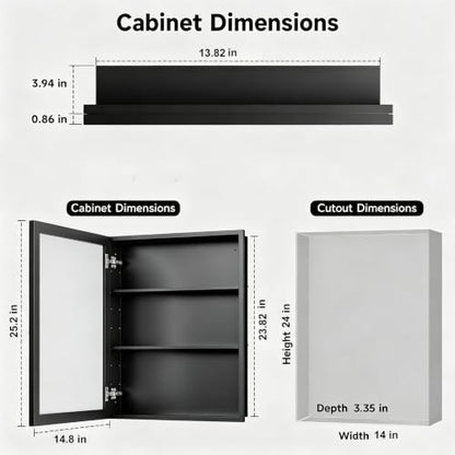 Recessed & Surface Mount Mirror Medicine Cabinet - Moistureproof Black Iron Bathroom Storage, 14x24 Inches