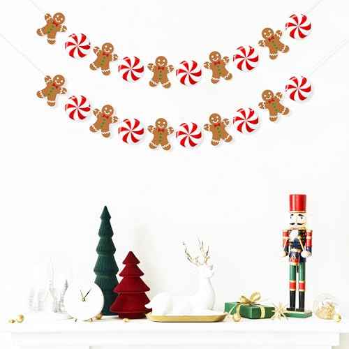 Uniwish Peppermint Gingerbread Man Banner Garland Christmas Hanging Decorations Christmas Tree Ornaments for Home Office Decor New Year Xmas Holiday Party Supplies