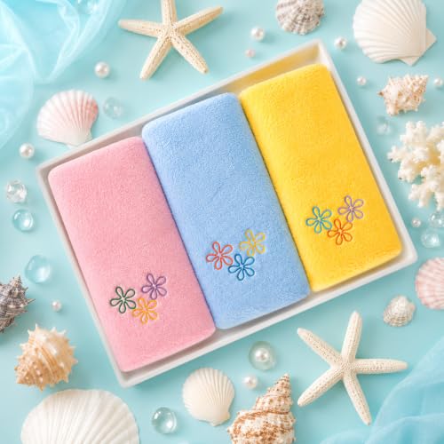 Cartoon Cotton Hand Towels Set - Embroidered Floral Scalloped Edge Bathroom Kitchen Decor