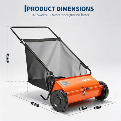 Orange Garvee 26-Inch Push Lawn Sweeper with 7Cu.ft Leaf & Grass Hopper Bag