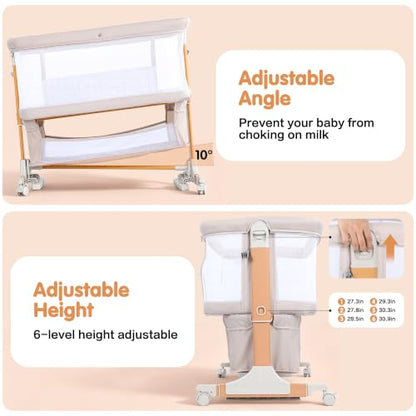 4-in-1 Baby Bassinet Bedside Crib with Mosquito Net & Adjustable Height - Beige