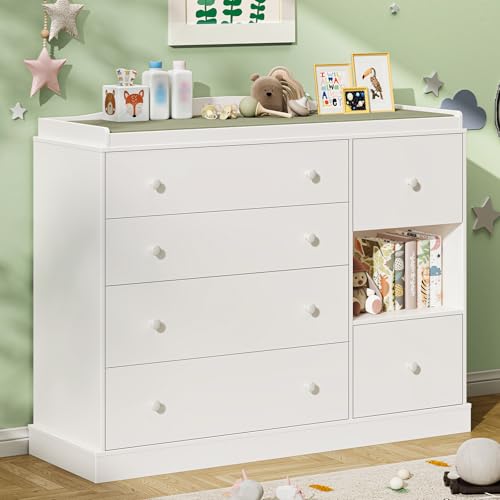 Kids Dresser Cabinet with 6 Drawers and Changing Table - Nursery Furniture, White