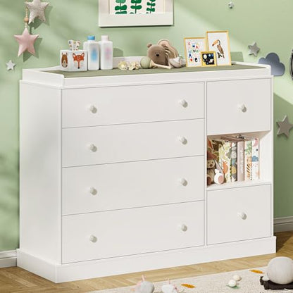 Kids Dresser Cabinet with 6 Drawers and Changing Table - Nursery Furniture, White