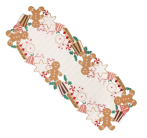 Gingerbread Christmas Table Runner 13x36 Inches Candy Cane Embroidered Decor