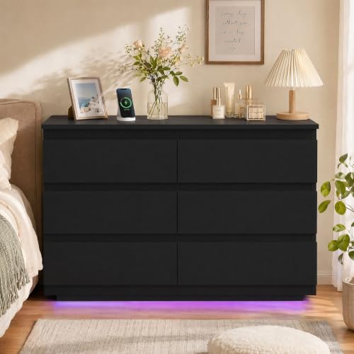 Black 6-Drawer Dresser with LED Light & Charging Station - Variation: Black