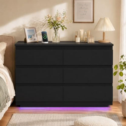 Black 6-Drawer Dresser with LED Light & Charging Station - Variation: Black