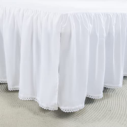 White Full Size Bed Skirt with Lace Edge and Split Corner, 14 Inch Drop