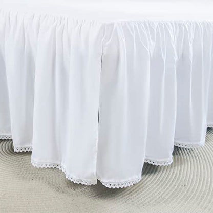 White Full Size Bed Skirt with Lace Edge and Split Corner, 14 Inch Drop