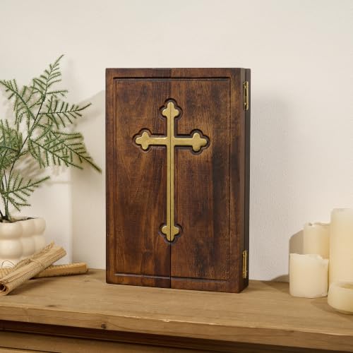 Gold 8-Inch Wooden Jesus Triptych Box Nativity Crucifixion Ascension Home Decor