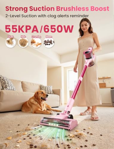 Dzaki Cordless Stick Vacuum Cleaner 650W 55KPa, Cranberry - Pet Hair & Floor Cleaner