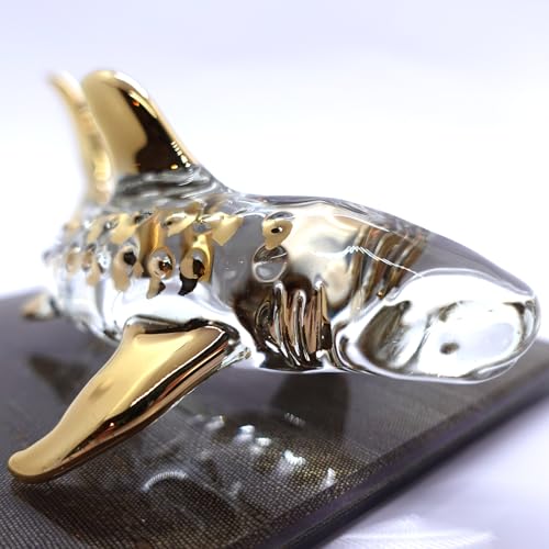 Whale Shark Miniature Glass Figurine - Hand Blown Sea Animal Decor, 5.5 Inches, Clear Gold