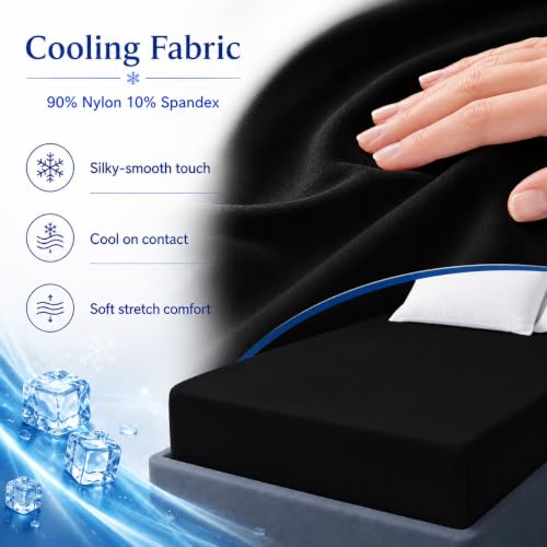 Black Queen Size Cooling Fitted Sheet Deep 14 Inch Ice Silk Bed Sheet
