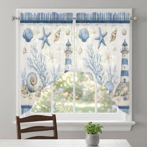 Coastal Blue Nautical Sheer Curtains Set 36x45 Inches with 2 Panels - Lighthouse & Conch Coral Design