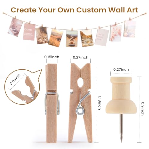 Mini Clothespins for Photos with Jute String - 100 Pcs, Wall Decor