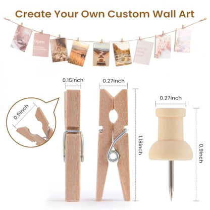 Mini Clothespins for Photos with Jute String - 100 Pcs, Wall Decor