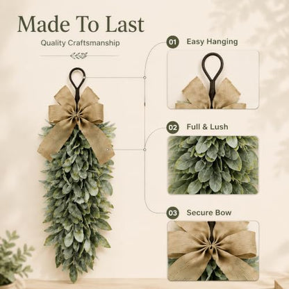 All-Season Farmhouse Flocked Lambs Ear Teardrop Swag with Burlap Bow, Rustic Door Decor