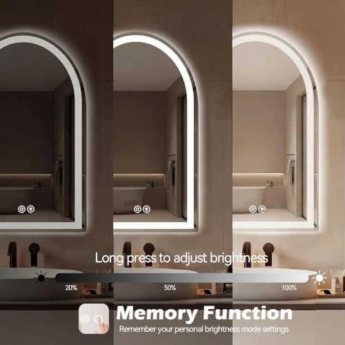 White Arched LED Bathroom Mirror with Lights - 24.1 x 32.1 Inches, Dimmable & Defogging