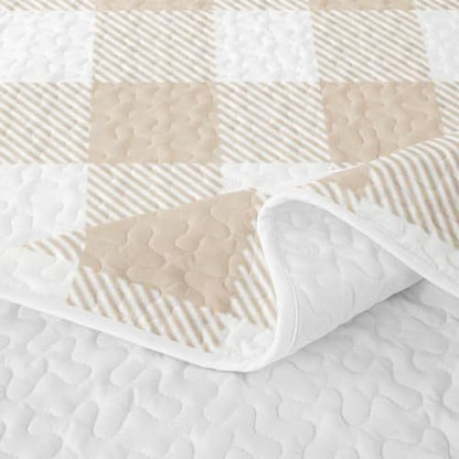 Khaki White Plaid Quilt Set Queen Size with Pillowcases - All Season Bed Coverlet