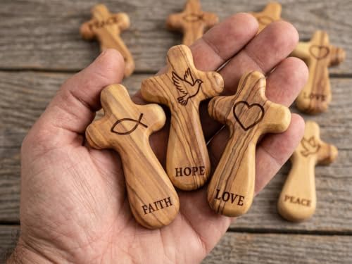 Mini Olive Wood Pocket Cross Set of 3 - Faith, Hope & Love - Bethlehem Carved Religious Keepsakes