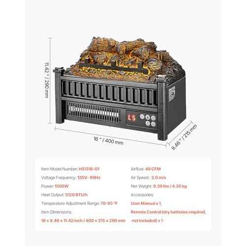 VEVOR 16 Inch Electric Fireplace Log Heater, Fireplace Insert with Remote Control, 5 Flame Brightness Levels, Thermostat, 24H Timer, Overheat Protection, for Home and Office Decor, Black