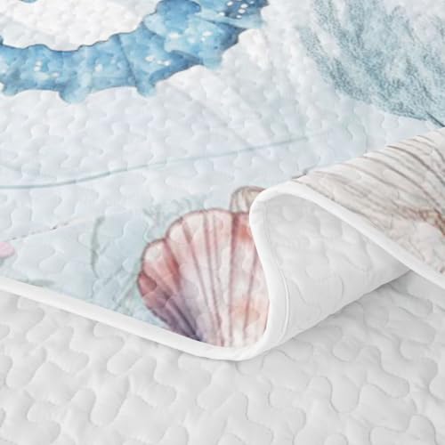 Kids Full Size Seahorse Quilt Set - Light Blue Nautical Marine Animal Bedding