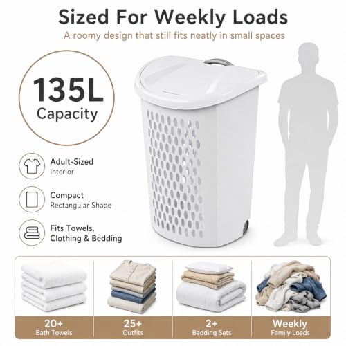 135L Wheeled Plastic Laundry Hamper with Heavy-Duty Wheels & Ventilated Design