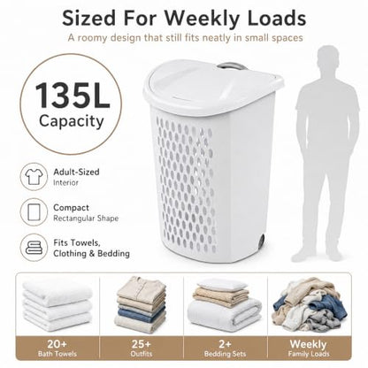 135L Wheeled Plastic Laundry Hamper with Heavy-Duty Wheels & Ventilated Design