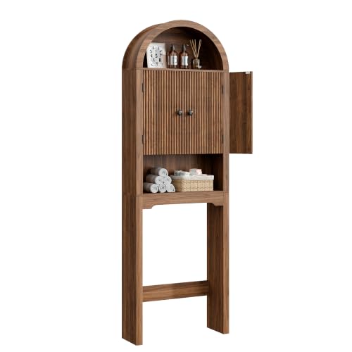 Over The Toilet Storage Cabinet Walnut Oak Bathroom Organizer with Arched Design