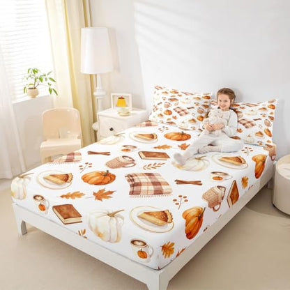 Orange Brown Kids Queen Fitted Sheet Set with Pillowcases - No Top Sheet