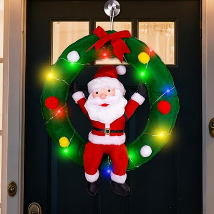 34-Inch Hanging Christmas Decor Santa Claus in Wreath with LED Lights - Holiday Indoor Outdoor Decoration - Variation of Santa Claus in Wreath
