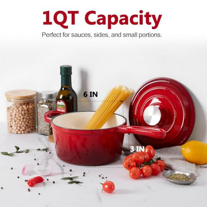 E-far 1 Quart Enamel Cast Iron Sauce Pan with Lid - Red