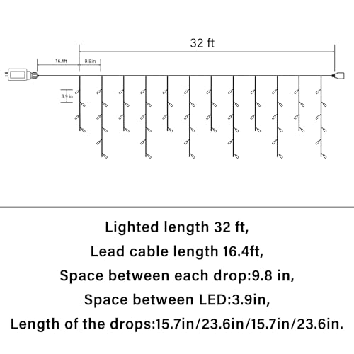 White Christmas Icicle String Lights 32Ft with 8 Modes & Timer - Waterproof Outdoor Decor