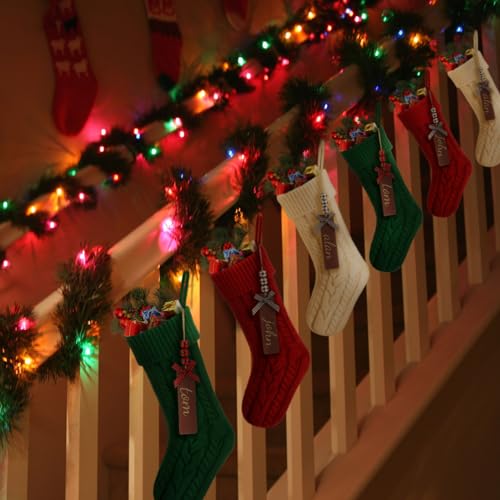 Christmas Stockings Set 12 with Wooden Name Tags Cable Knitted Design - Red, Green & White