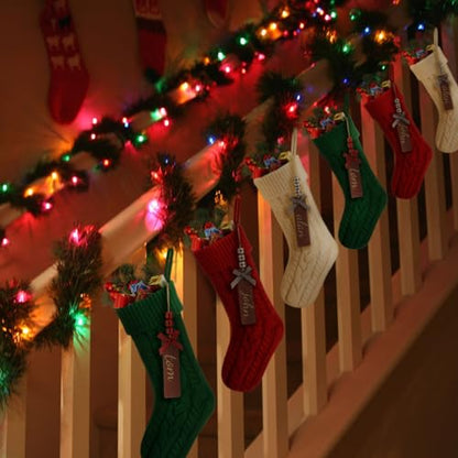 Christmas Stockings Set 12 with Wooden Name Tags Cable Knitted Design - Red, Green & White