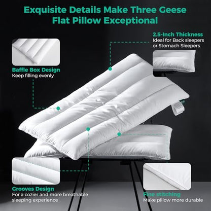 Solid White Goose Feather Pillow 2.5 Inch Thin Support Bed Pillow - 1 Pack