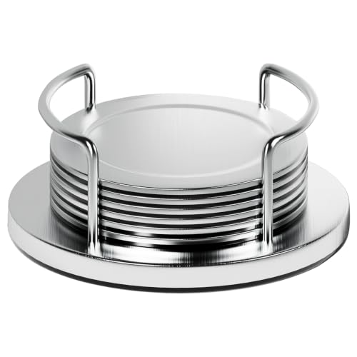 Silver Stainless Steel Coaster Set with Holder - 6 Modern Round Drink Coasters with Non-Slip EVA Base