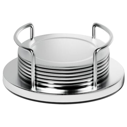 Silver Stainless Steel Coaster Set with Holder - 6 Modern Round Drink Coasters with Non-Slip EVA Base