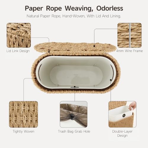 Endymion 3 Gallon Wicker Trash Can with Lid - Natural Paper Rope Bathroom Waste Bin