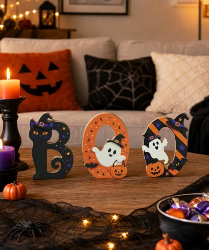 Putuo Decor Halloween BOO Letters Tabletop Decoration - Self-Standing Spooky Sign with Witch-Hat Cat, Ghost & Pumpkin - Orange, Black, Purple & White - Variation: BOO Letter