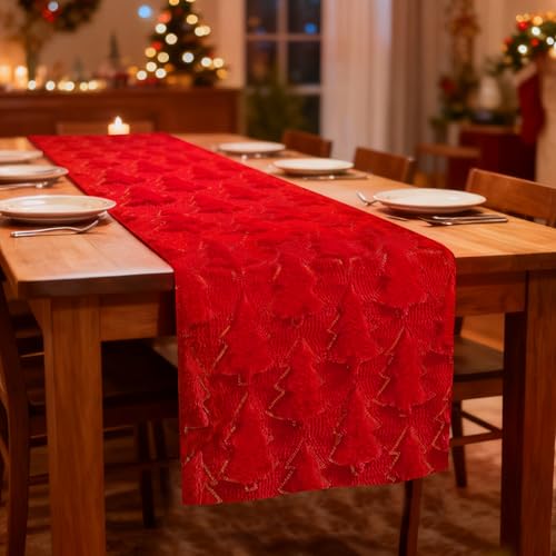 Red Faux Fur Christmas Table Runner 13x36 Inches Holiday Decor