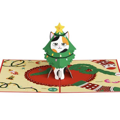 Meowy Cat-mess Christmas Pop-Up Card with Notecard & Envelope - Funny Feline Holiday Greeting