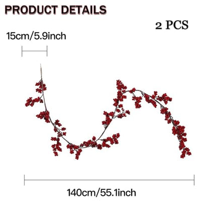 Large Red Berry Garland - 2 Pack, 56 Inch Artificial Christmas Decor for Fireplace & Mantel