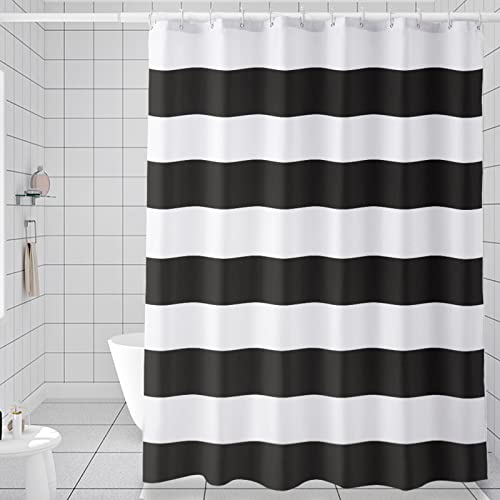 AmazerBath Black and White Shower Curtain Cloth, Striped Shower Curtain Fabric with 2 Heavy Stones, 72" W x 72" H