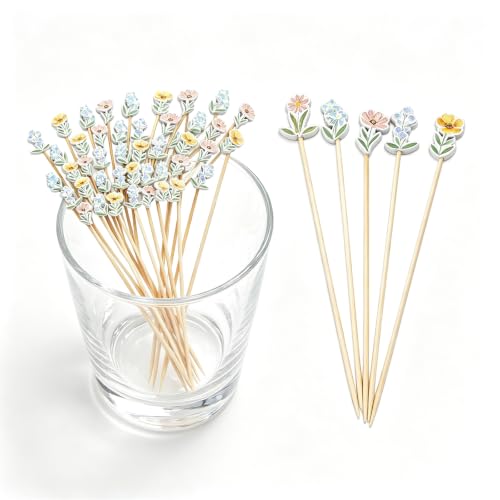 100PCS Floral Design Cocktail Picks for Fruit & Snacks - Bamboo Toothpicks