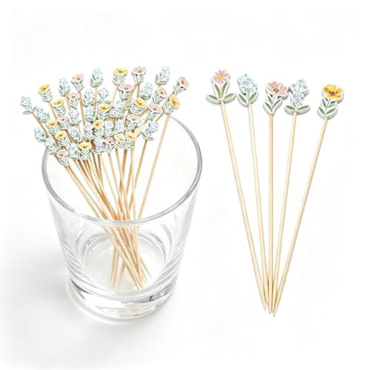 100PCS Floral Design Cocktail Picks for Fruit & Snacks - Bamboo Toothpicks