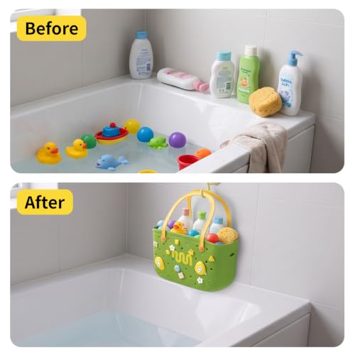 Green Bathtub Toy Storage Basket with Hooks Handles and Quick Drain