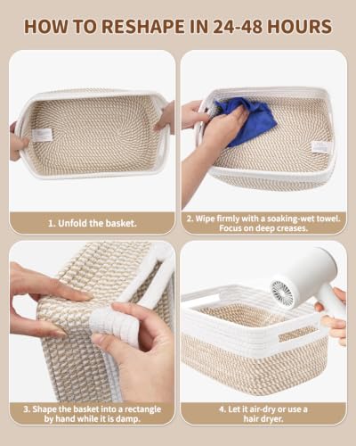 Khaki & White 5 Small Woven Storage Baskets with Handles - Organize Shelves and Drawers