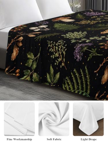 Queen Flat Sheet Mushroom Leaves Microfiber Bed Sheets with Variations - Espresso Brown, Sage Green, Ochre, Tan