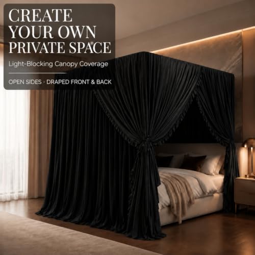 King Size Black Canopy Bed Curtains - Lightproof Privacy Bedroom Decor with 4 Openings - Pack of 4